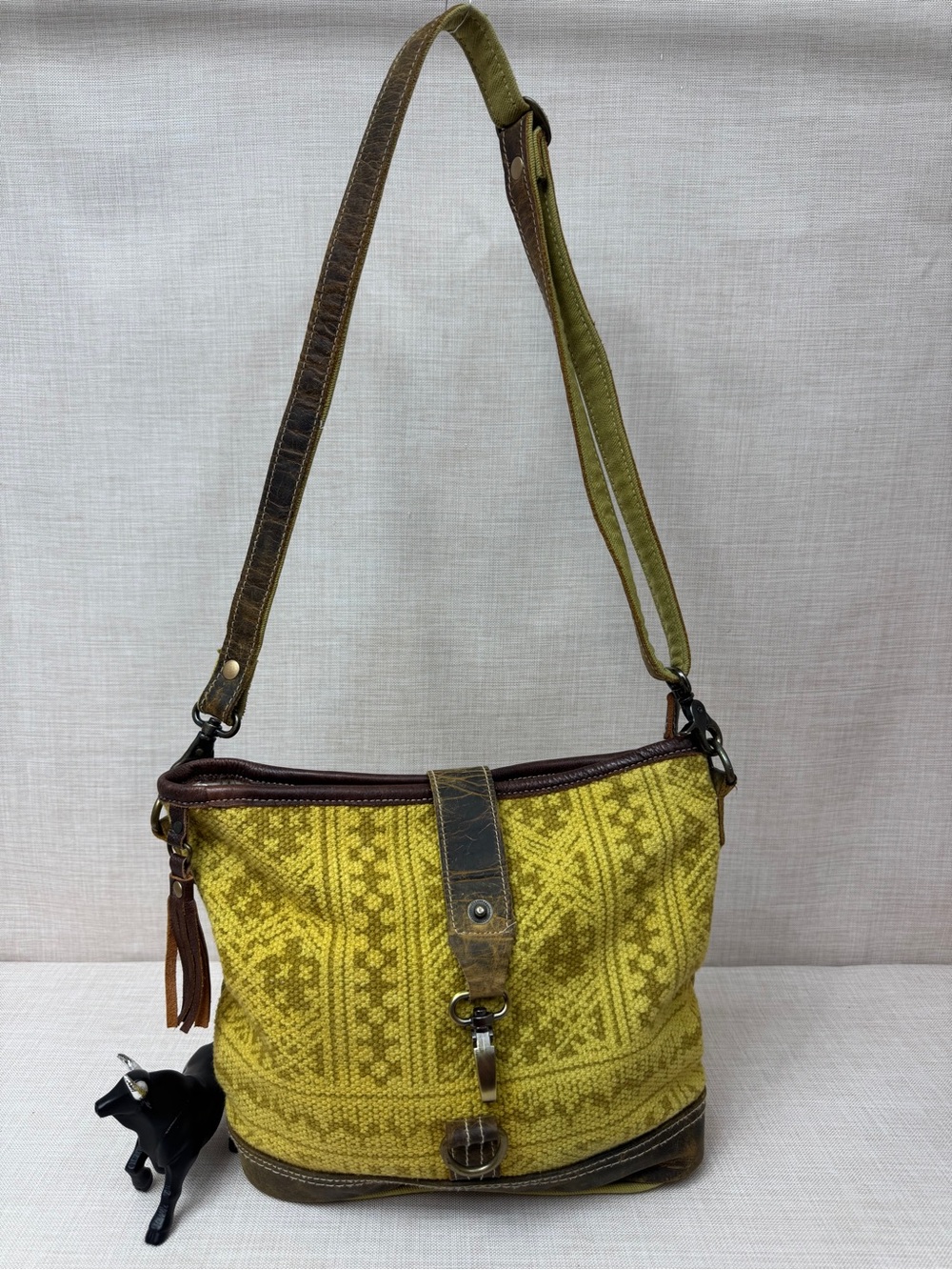 Myra Bag Yellow Patterned Shoulder Bag with Brown Trim